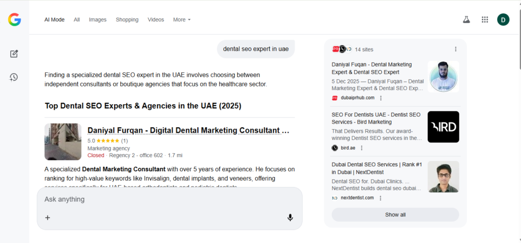 keyword "dental seo expert in UAE" ranked in AI Mode
