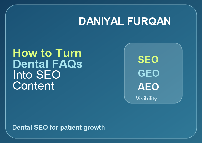 Text featured image for How to Turn Dental FAQs Into SEO Content with Daniyal Furqan branding